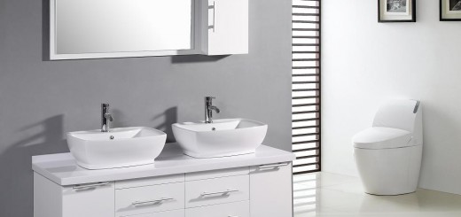Minimalist Double Sink Grey Wall Modern Bathroom Toilet Cabinet Design White Vanity